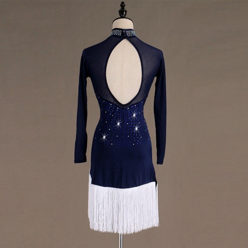 Navy blue with white fringed competition latin dance dresses for women girls long sleeves diamond tassels high neck rumba salsa chacha dance dress